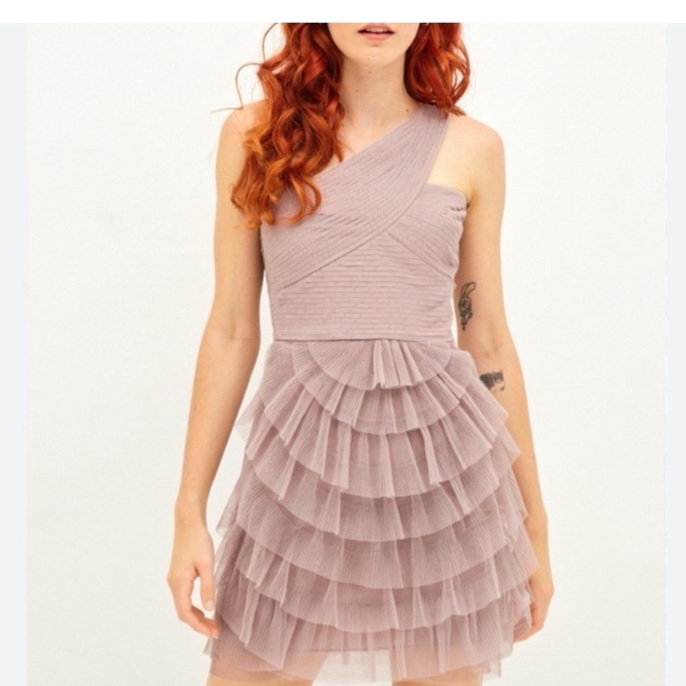 bcbgmaxazria one shoulder purple brown tulle dress size 02